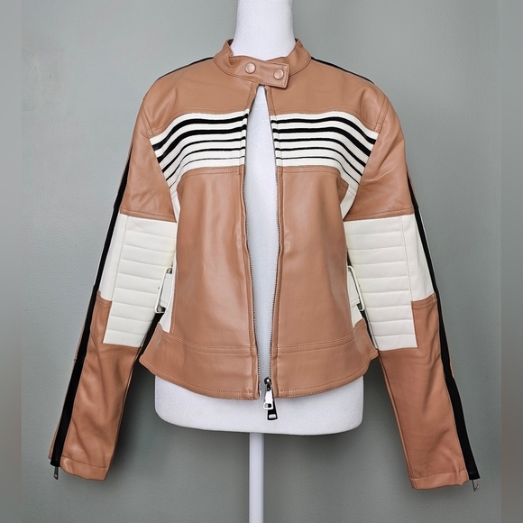 Vegan Leather Striped Color-block Moto Jacket Brown White MEDIUM - Picture 5 of 14